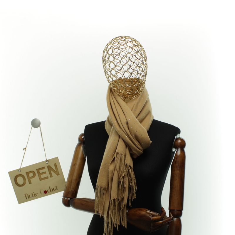 Fashion, accesorii si bijuterii - Femei - Accesorii femei - Esarfe si fulare femei - Esarfa dama, din lana, Buticcochet, 70x190 cm, model cu strasuri, maro deschis - ES3385 - Infinity.ro