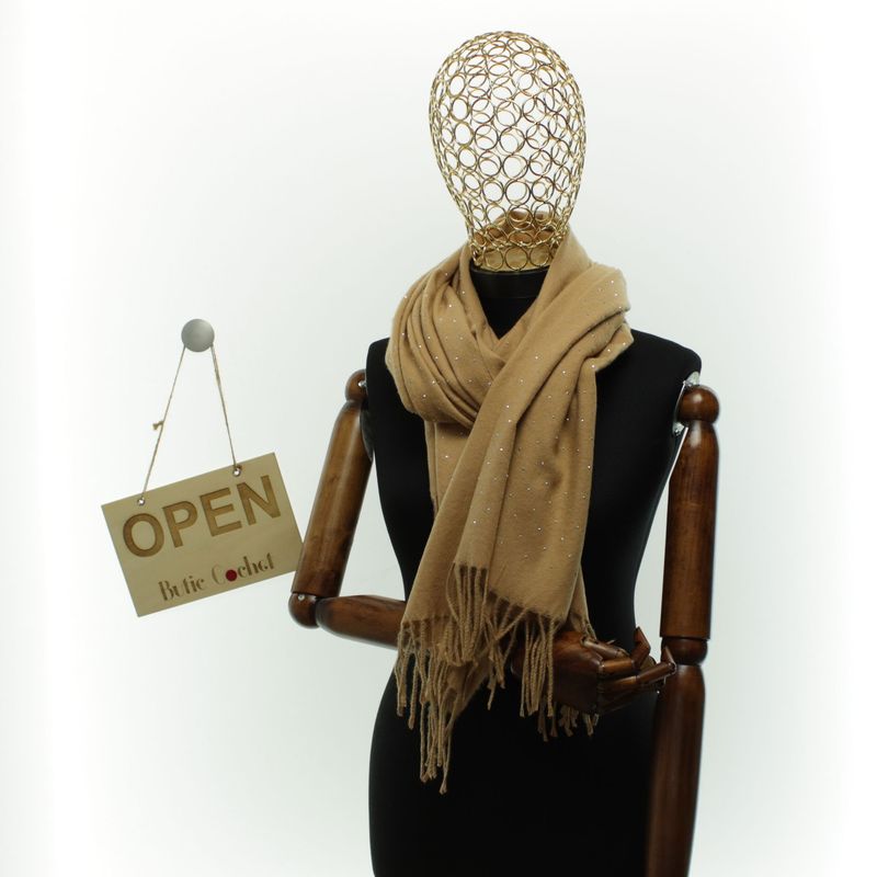 Fashion, accesorii si bijuterii - Femei - Accesorii femei - Esarfe si fulare femei - Esarfa dama, din lana, Buticcochet, 70x190 cm, model cu strasuri, maro deschis - ES3385 - Infinity.ro