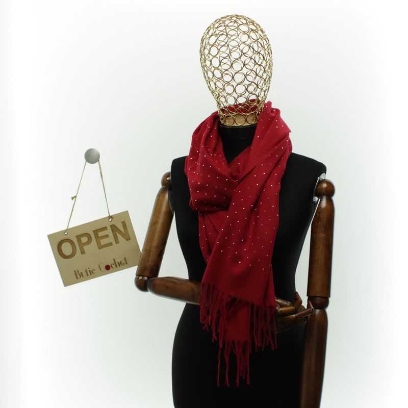 Fashion, accesorii si bijuterii - Femei - Accesorii femei - Esarfe si fulare femei - Esarfa dama, din lana, Buticcochet, 70x190 cm, model cu strasuri, Rosu - ES3387 - Infinity.ro