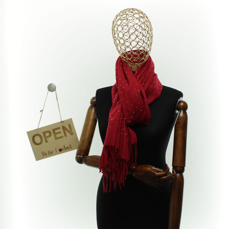 Fashion, accesorii si bijuterii - Femei - Accesorii femei - Esarfe si fulare femei - Esarfa dama, din lana, Buticcochet, 70x190 cm, model cu strasuri, Rosu - ES3387 - Infinity.ro