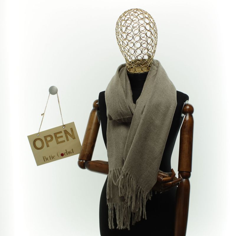 Fashion, accesorii si bijuterii - Femei - Accesorii femei - Esarfe si fulare femei - Esarfa dama, din lana, Buticcochet, 66x200 cm, model cu sclipici, Bej inchis - ES3391 - Infinity.ro