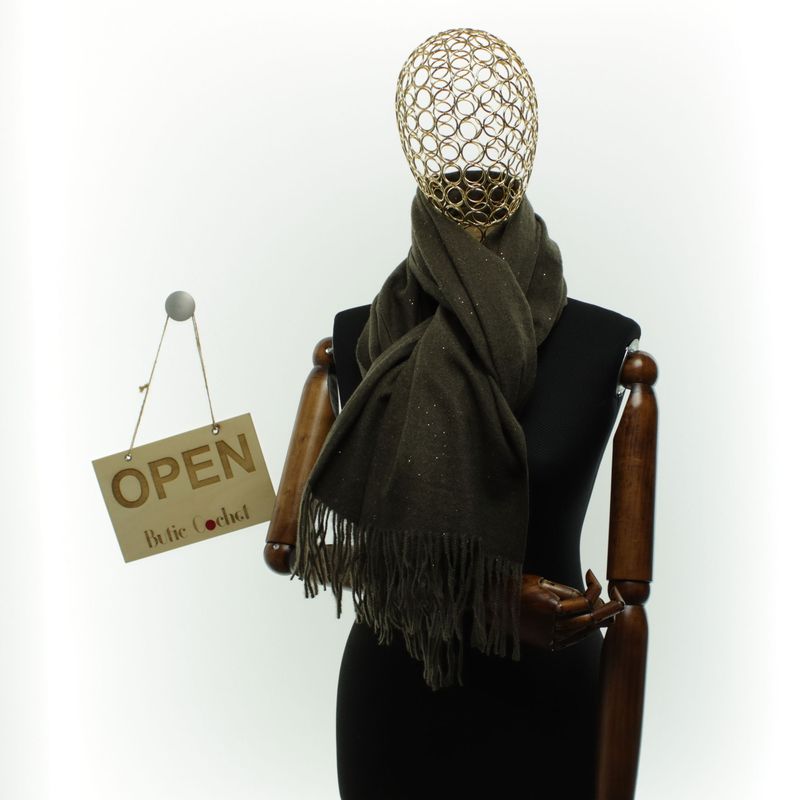 Fashion, accesorii si bijuterii - Femei - Accesorii femei - Esarfe si fulare femei - Esarfa dama, din lana, Buticcochet, 66x200 cm, model cu sclipici, Maro inchis - ES3394 - Infinity.ro