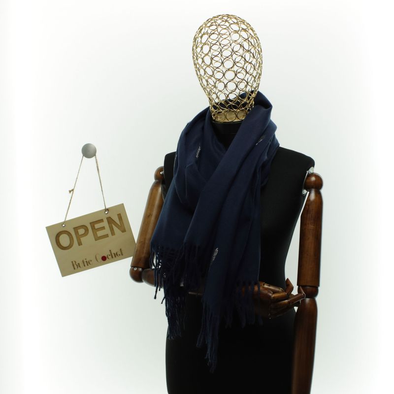 Fashion, accesorii si bijuterii - Femei - Accesorii femei - Esarfe si fulare femei - Esarfa dama, din lana, Buticcochet, 74x186 cm, model uni cu strasuri, Bleumarin - ES3402 - Infinity.ro