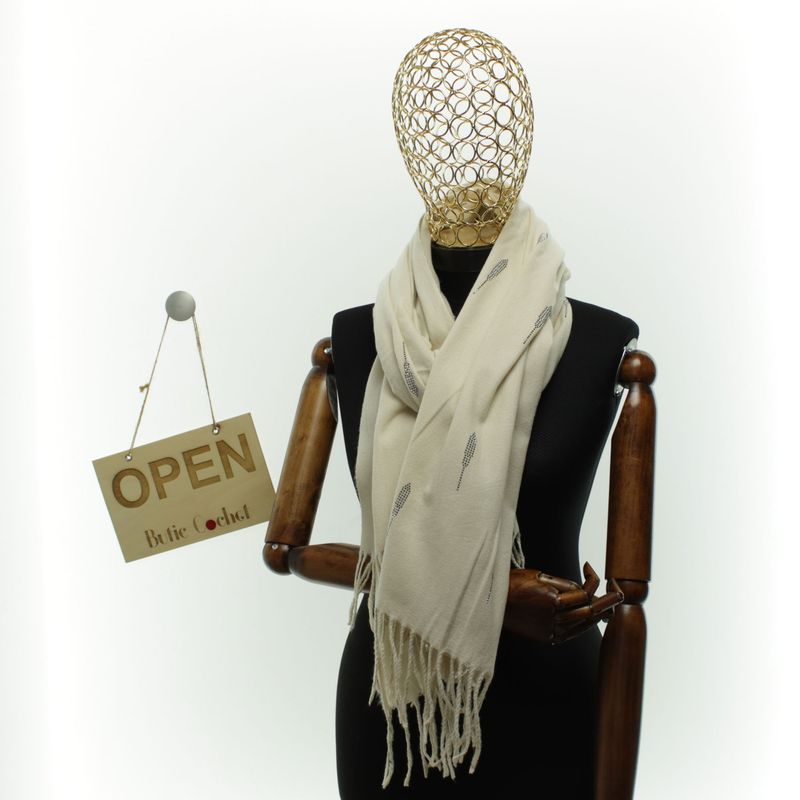 Fashion, accesorii si bijuterii - Femei - Accesorii femei - Esarfe si fulare femei - Esarfa dama, din lana, Buticcochet, 74x186 cm, model uni cu strasuri, Bej - ES3408 - Infinity.ro