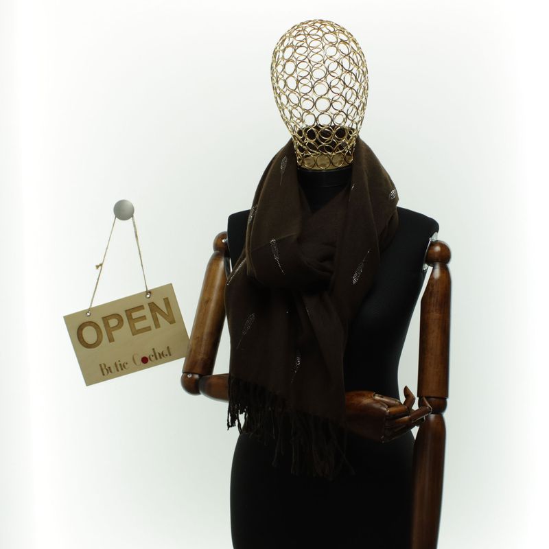 Fashion, accesorii si bijuterii - Femei - Accesorii femei - Esarfe si fulare femei - Esarfa dama, din lana, Buticcochet, 74x186 cm, model uni cu strasuri, Maro - ES3409 - Infinity.ro