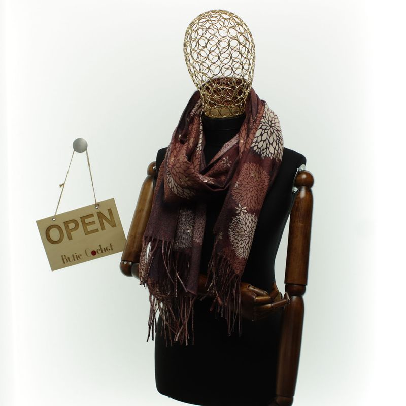 Fashion, accesorii si bijuterii - Femei - Accesorii femei - Esarfe si fulare femei - Esarfa dama, din lana, Buticcochet, 70x180 cm, model floral, Visiniu - ES3430 - Infinity.ro