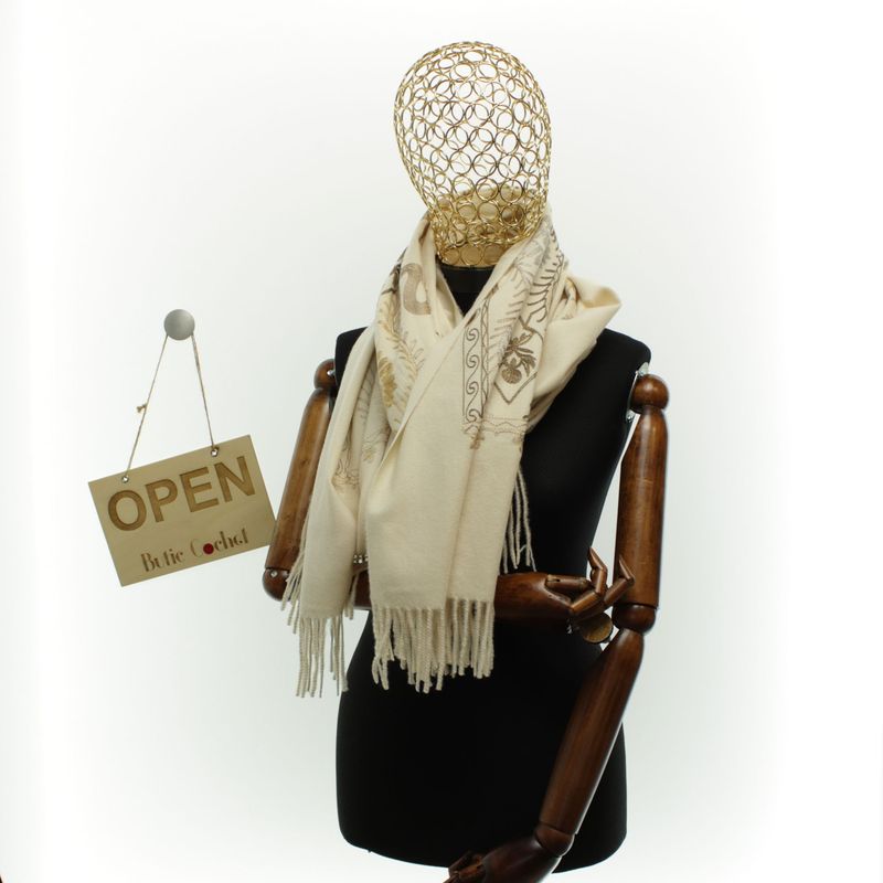Fashion, accesorii si bijuterii - Femei - Accesorii femei - Esarfe si fulare femei - Esarfa dama, din lana, Buticcochet, 70x180 cm, model cu boderie, Bej - ES3436 - Infinity.ro