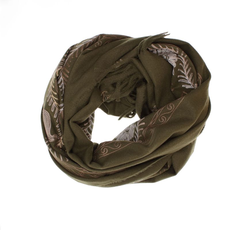 Fashion, accesorii si bijuterii - Femei - Accesorii femei - Esarfe si fulare femei - Esarfa dama, din lana, Buticcochet, 70x180 cm, model cu boderie, Kaki - ES3438 - Infinity.ro
