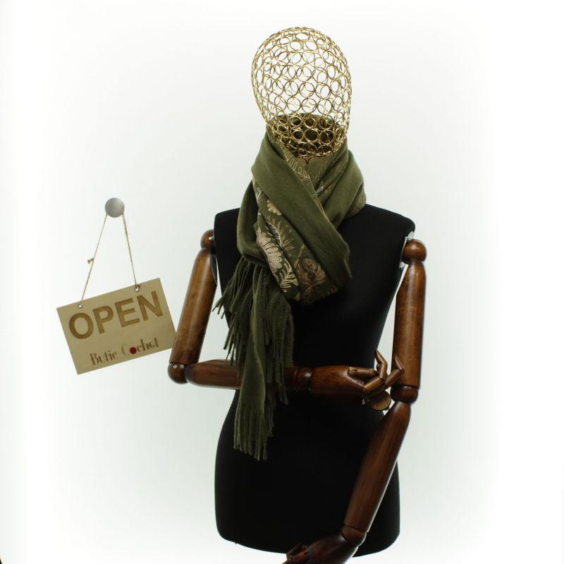 Fashion, accesorii si bijuterii - Femei - Accesorii femei - Esarfe si fulare femei - Esarfa dama, din lana, Buticcochet, 70x180 cm, model cu boderie, Kaki - ES3438 - Infinity.ro