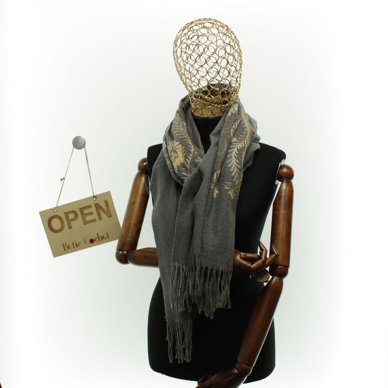 Fashion, accesorii si bijuterii - Femei - Accesorii femei - Esarfe si fulare femei - Esarfa dama, din lana, Buticcochet, 70x180 cm, model cu boderie, Gri - ES3439 - Infinity.ro