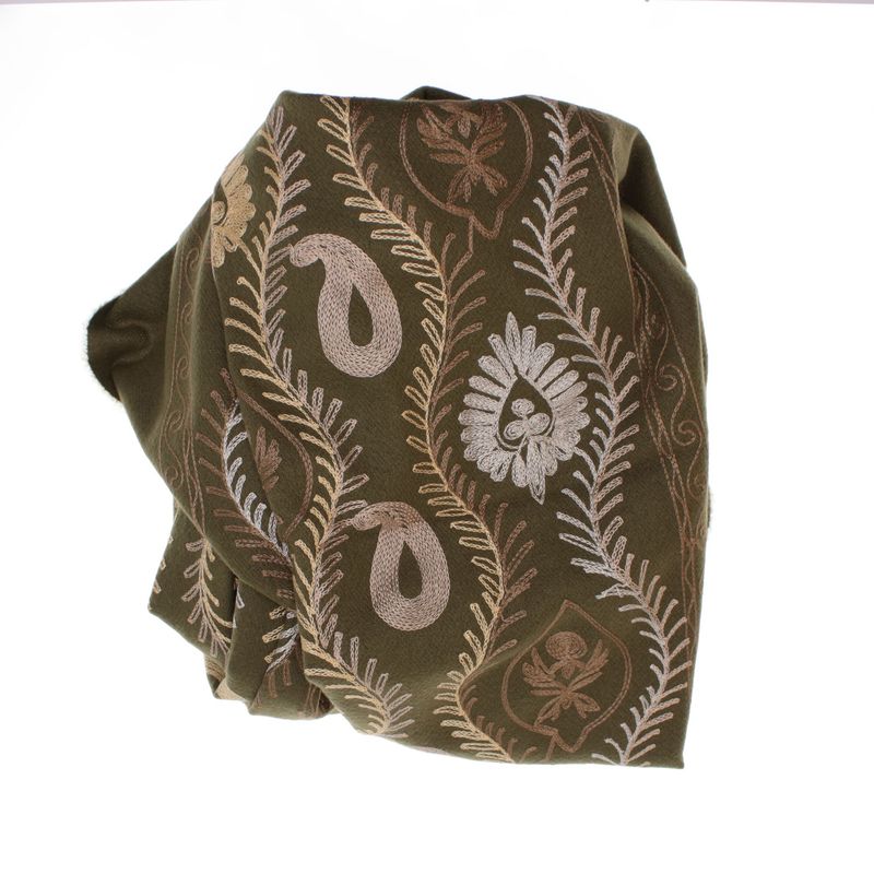 Fashion, accesorii si bijuterii - Femei - Accesorii femei - Esarfe si fulare femei - Esarfa dama, din lana, Buticcochet, 70x180 cm, model cu boderie, Kaki - ES3438 - Infinity.ro