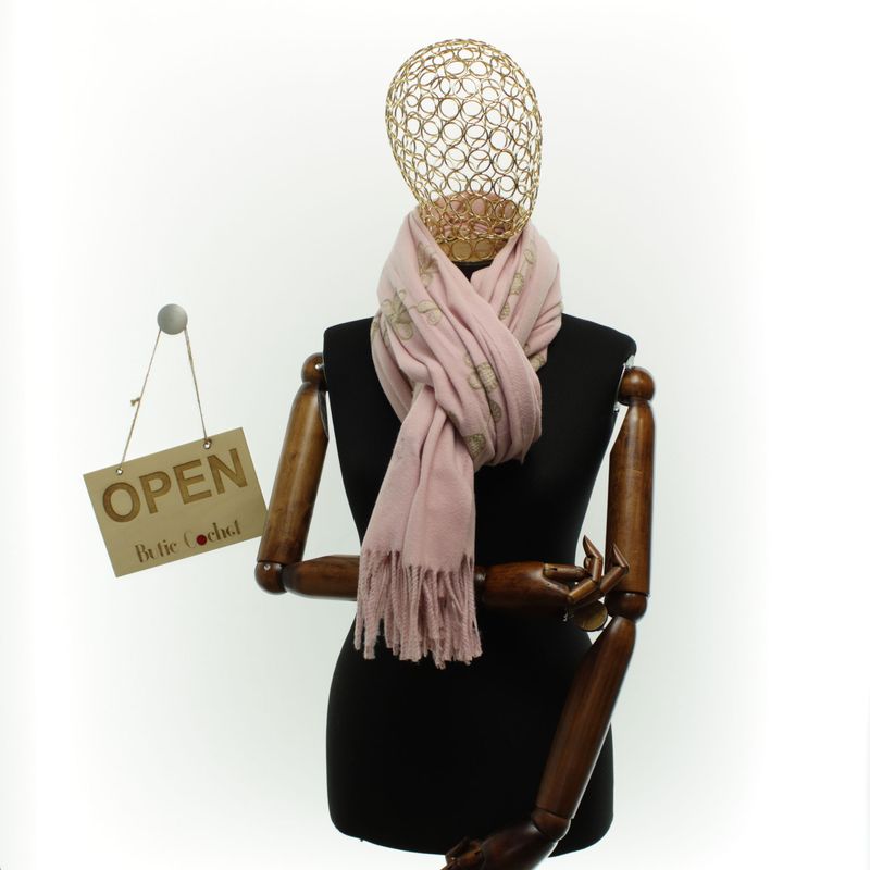 Fashion, accesorii si bijuterii - Femei - Accesorii femei - Esarfe si fulare femei - Esarfa dama, din lana, Buticcochet, 70x180 cm, model cu boderie, Roz - ES3456 - Infinity.ro