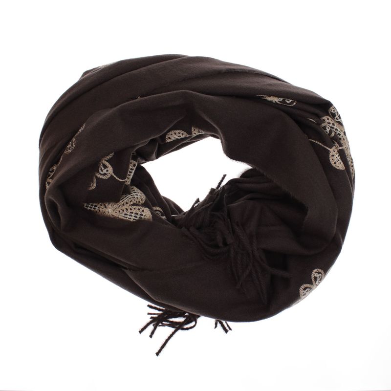 Fashion, accesorii si bijuterii - Femei - Accesorii femei - Esarfe si fulare femei - Esarfa dama, din lana, Buticcochet, 70x180 cm, model cu boderie, Maro inchis - ES3455 - Infinity.ro