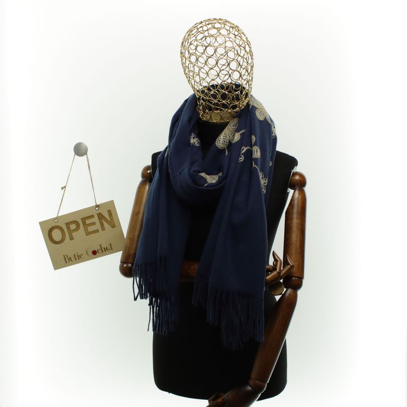 Fashion, accesorii si bijuterii - Femei - Accesorii femei - Esarfe si fulare femei - Esarfa dama, din lana, Buticcochet, 70x180 cm, model cu boderie, Bleumarin - ES3457 - Infinity.ro