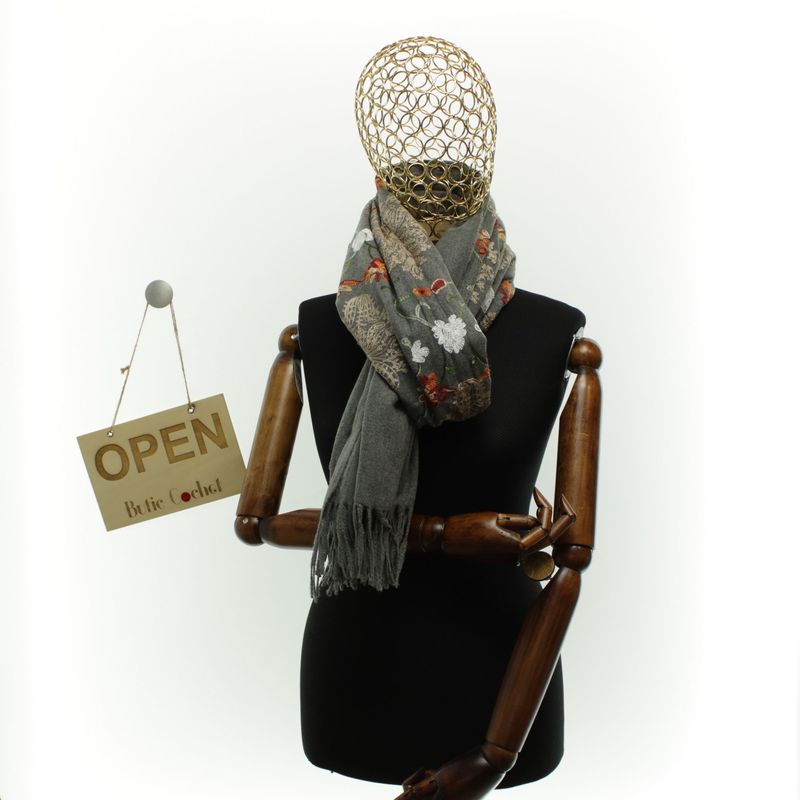 Fashion, accesorii si bijuterii - Femei - Accesorii femei - Esarfe si fulare femei - Esarfa dama, din lana, Buticcochet, 70x180 cm, model cu boderie, Gri - ES3478 - Infinity.ro