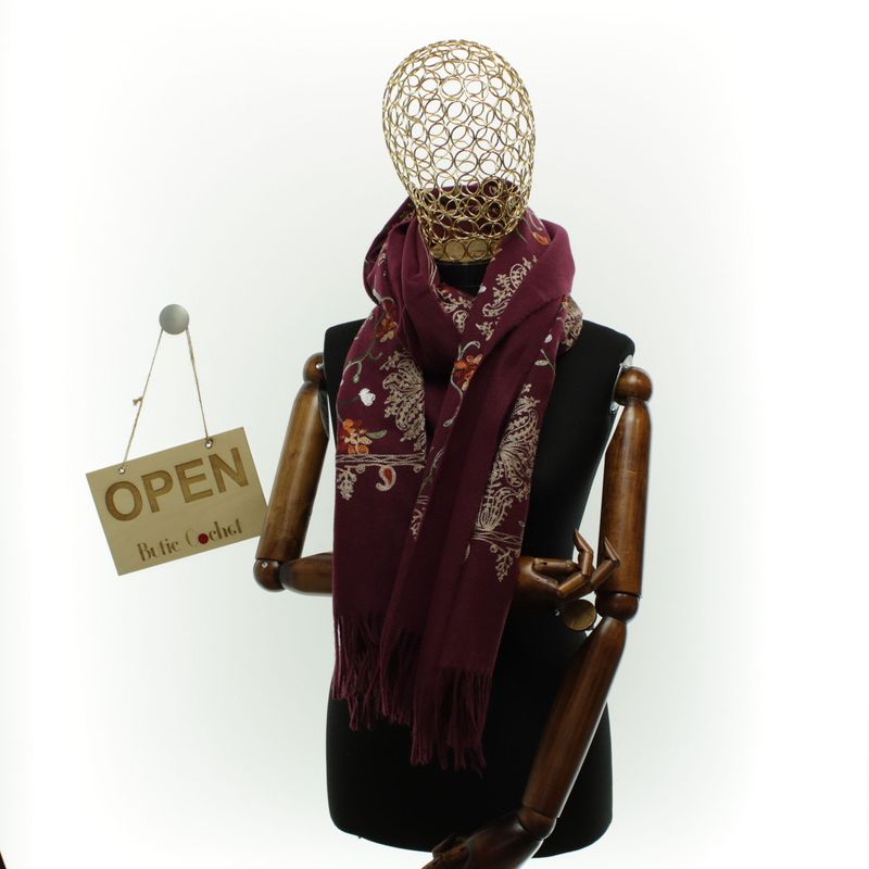 Fashion, accesorii si bijuterii - Femei - Accesorii femei - Esarfe si fulare femei - Esarfa dama, din lana, Buticcochet, 70x180 cm, model cu boderie, Visiniu - ES3479 - Infinity.ro