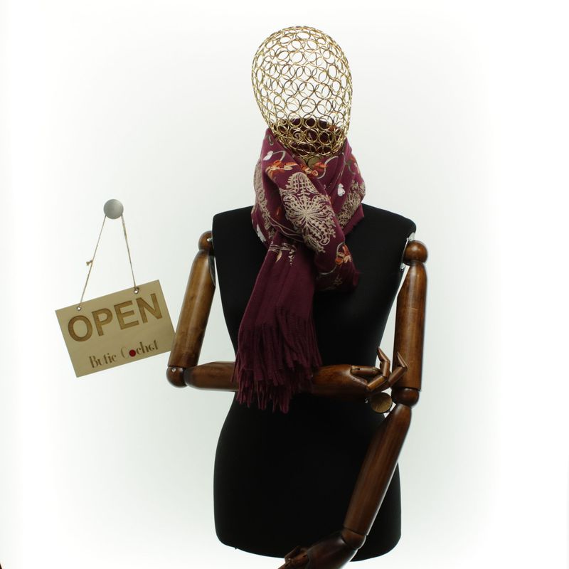 Fashion, accesorii si bijuterii - Femei - Accesorii femei - Esarfe si fulare femei - Esarfa dama, din lana, Buticcochet, 70x180 cm, model cu boderie, Visiniu - ES3479 - Infinity.ro