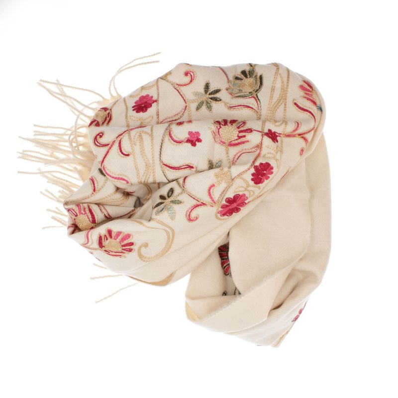 Fashion, accesorii si bijuterii - Femei - Accesorii femei - Esarfe si fulare femei - Esarfa dama, din lana, Buticcochet, 70x180 cm, model cu boderie, Bej - ES3481 - Infinity.ro