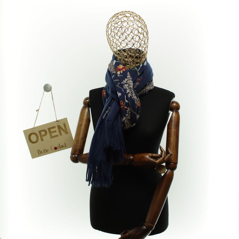 Fashion, accesorii si bijuterii - Femei - Accesorii femei - Esarfe si fulare femei - Esarfa dama, din lana, Buticcochet, 70x180 cm, model cu boderie, Bleumarin - ES3477 - Infinity.ro