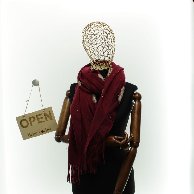 Fashion, accesorii si bijuterii - Femei - Accesorii femei - Esarfe si fulare femei - Esarfa dama, din lana, Buticcochet, 70x180 cm, model cu broderie si strasuri, Visiniu - ES3491 - Infinity.ro