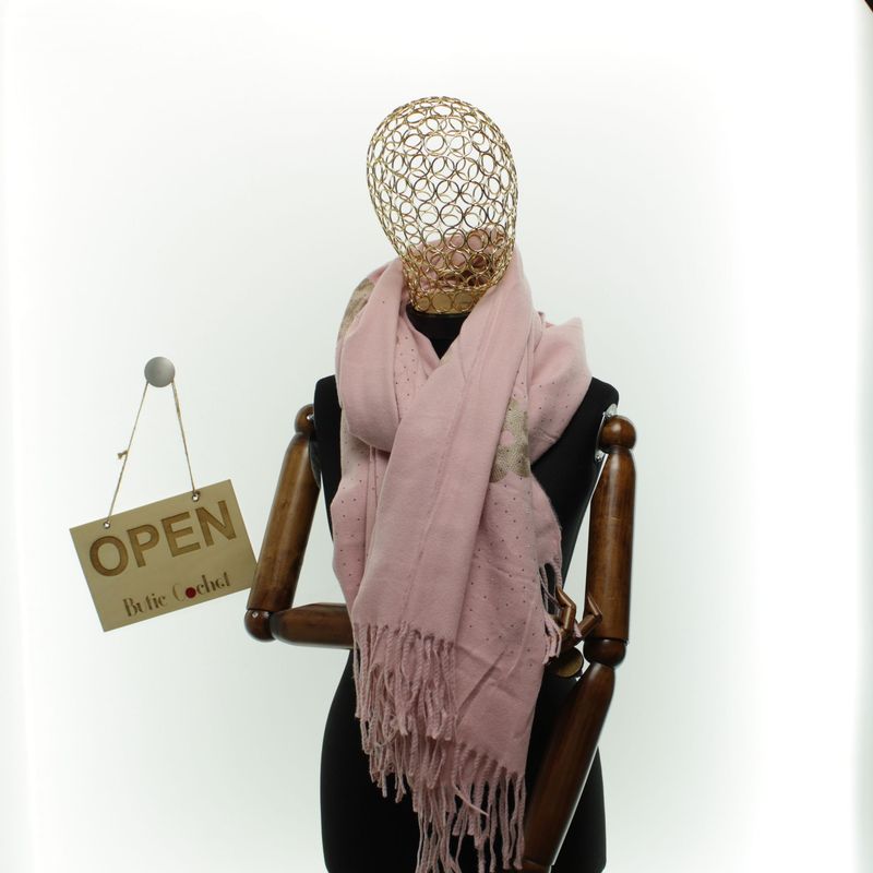 Fashion, accesorii si bijuterii - Femei - Accesorii femei - Esarfe si fulare femei - Esarfa dama, din lana, Buticcochet, 70x180 cm, model cu broderie si strasuri, Roz - ES3493 - Infinity.ro