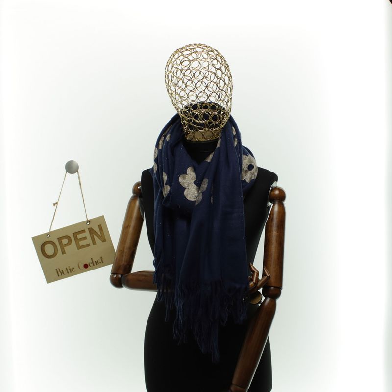 Fashion, accesorii si bijuterii - Femei - Accesorii femei - Esarfe si fulare femei - Esarfa dama, din lana, Buticcochet, 70x180 cm, model cu broderie si strasuri, Bleumarin - ES3492 - Infinity.ro