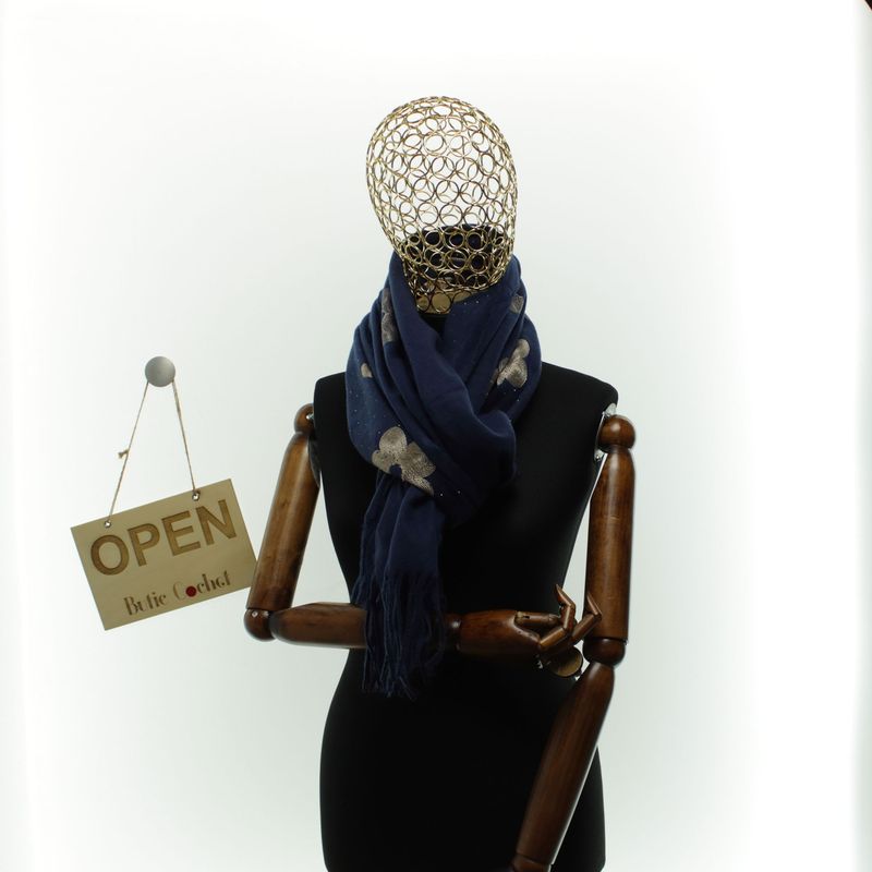 Fashion, accesorii si bijuterii - Femei - Accesorii femei - Esarfe si fulare femei - Esarfa dama, din lana, Buticcochet, 70x180 cm, model cu broderie si strasuri, Bleumarin - ES3492 - Infinity.ro