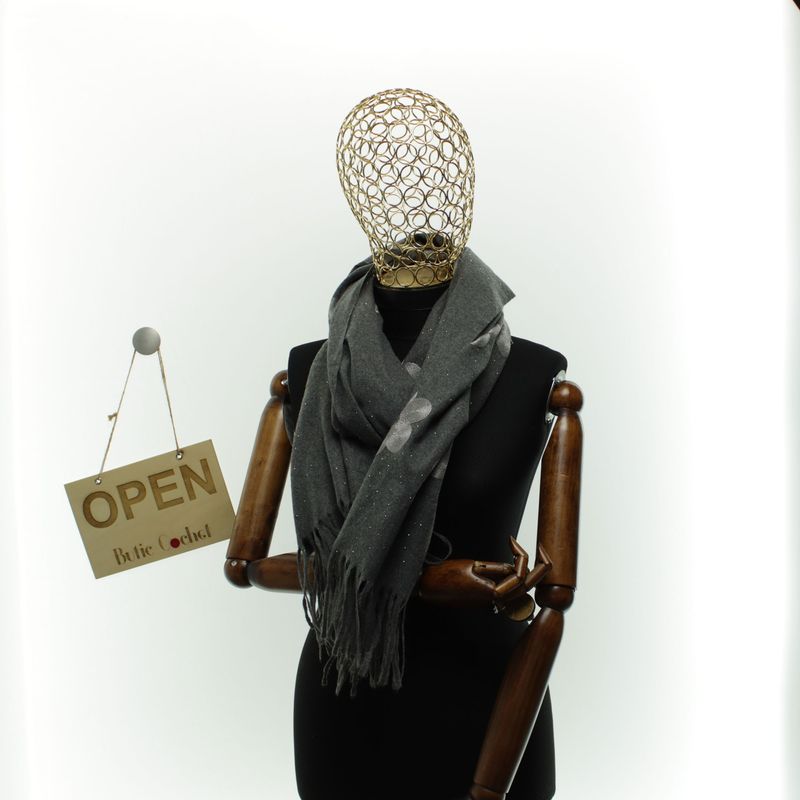 Fashion, accesorii si bijuterii - Femei - Accesorii femei - Esarfe si fulare femei - Esarfa dama, din lana, Buticcochet, 70x180 cm, model cu broderie si strasuri, Gri - ES3490 - Infinity.ro
