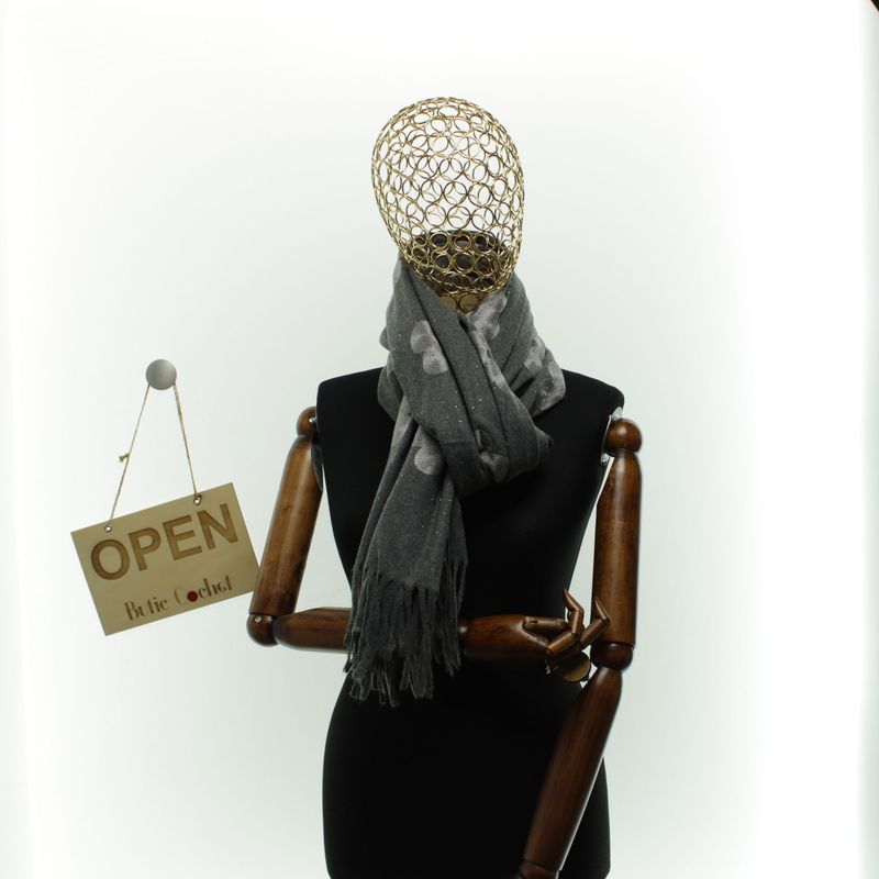 Fashion, accesorii si bijuterii - Femei - Accesorii femei - Esarfe si fulare femei - Esarfa dama, din lana, Buticcochet, 70x180 cm, model cu broderie si strasuri, Gri - ES3490 - Infinity.ro