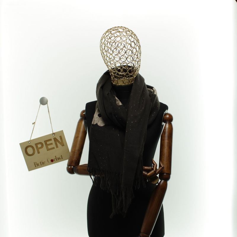 Fashion, accesorii si bijuterii - Femei - Accesorii femei - Esarfe si fulare femei - Esarfa dama, din lana, Buticcochet, 70x180 cm, model cu broderie si strasuri, Maro inchis - ES3497 - Infinity.ro