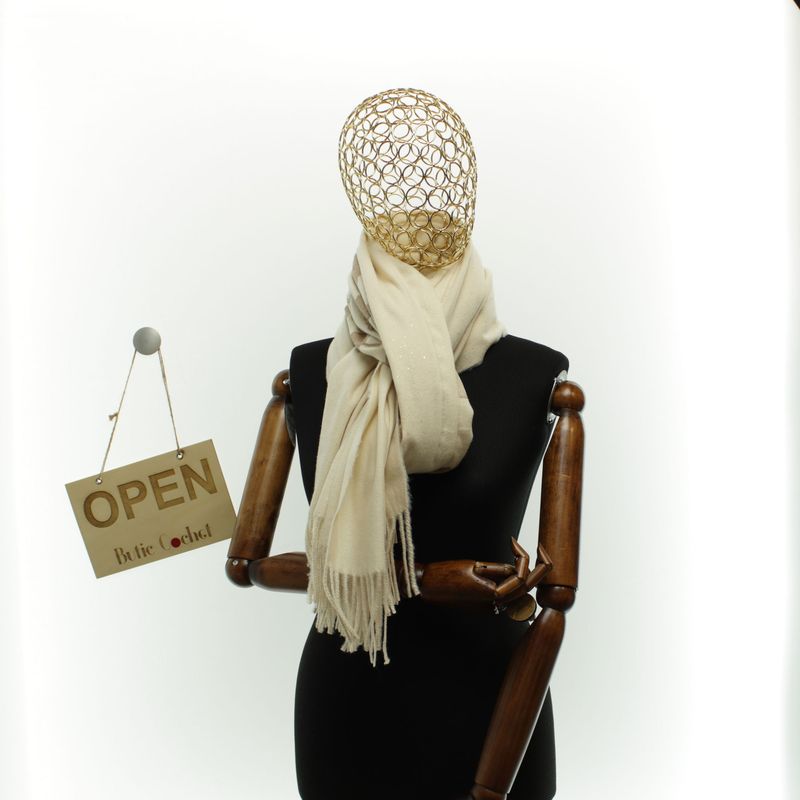 Fashion, accesorii si bijuterii - Femei - Accesorii femei - Esarfe si fulare femei - Esarfa dama, din lana, Buticcochet, 70x180 cm, model cu broderie si sclipici, Bej - ES3499 - Infinity.ro