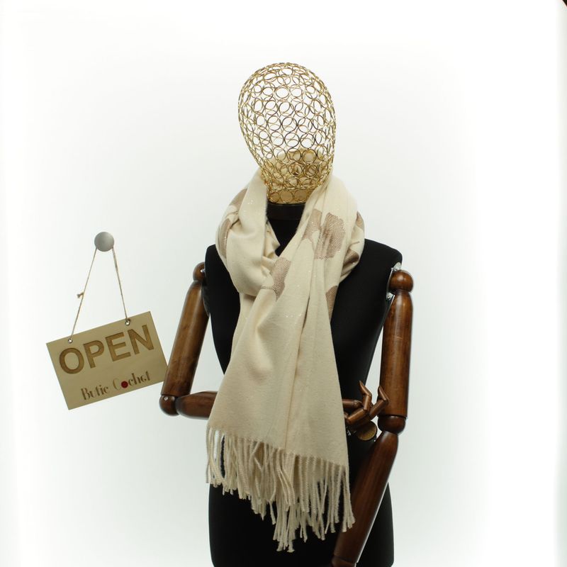 Fashion, accesorii si bijuterii - Femei - Accesorii femei - Esarfe si fulare femei - Esarfa dama, din lana, Buticcochet, 70x180 cm, model cu broderie si sclipici, Bej - ES3499 - Infinity.ro