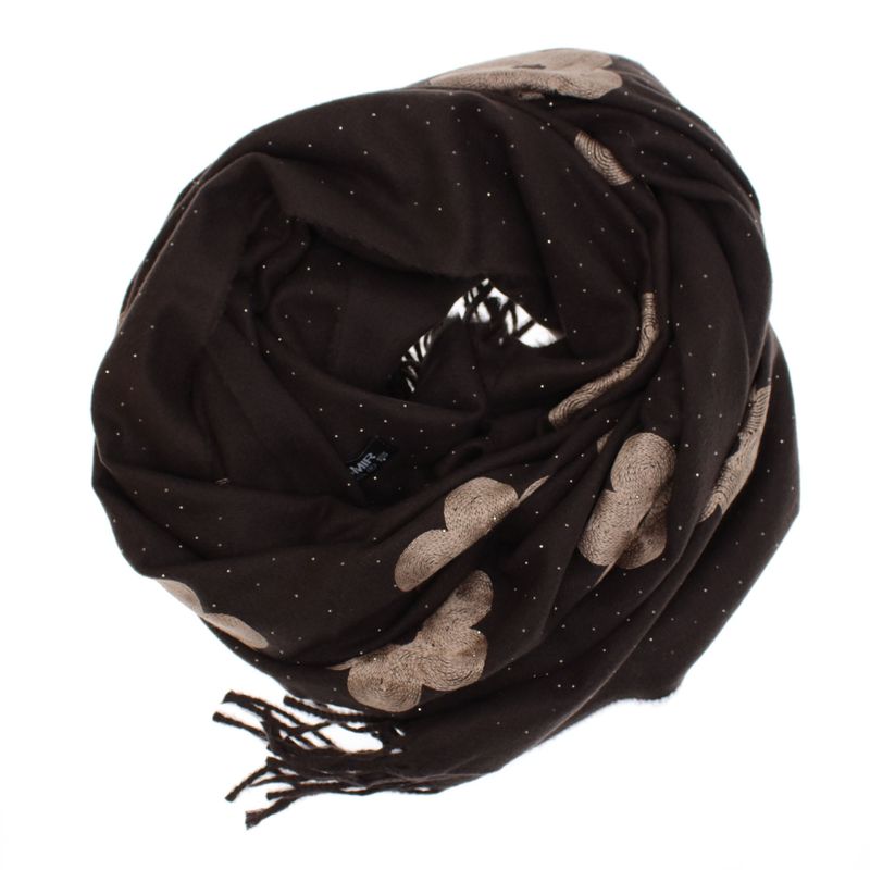 Fashion, accesorii si bijuterii - Femei - Accesorii femei - Esarfe si fulare femei - Esarfa dama, din lana, Buticcochet, 70x180 cm, model cu broderie si strasuri, Maro inchis - ES3497 - Infinity.ro