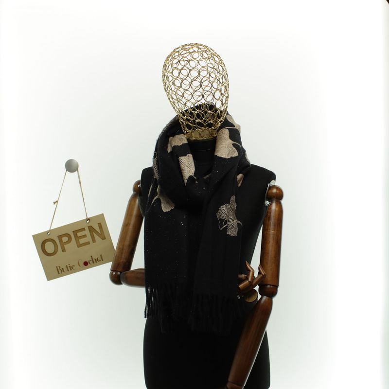 Fashion, accesorii si bijuterii - Femei - Accesorii femei - Esarfe si fulare femei - Esarfa dama, din lana, Buticcochet, 70x180 cm, model cu broderie si sclipici, Negru - ES3498 - Infinity.ro