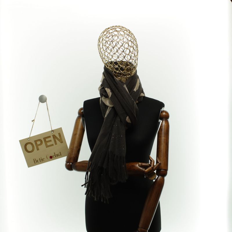 Fashion, accesorii si bijuterii - Femei - Accesorii femei - Esarfe si fulare femei - Esarfa dama, din lana, Buticcochet, 70x180 cm, model cu broderie si sclipici, Maro inchis - ES3500 - Infinity.ro
