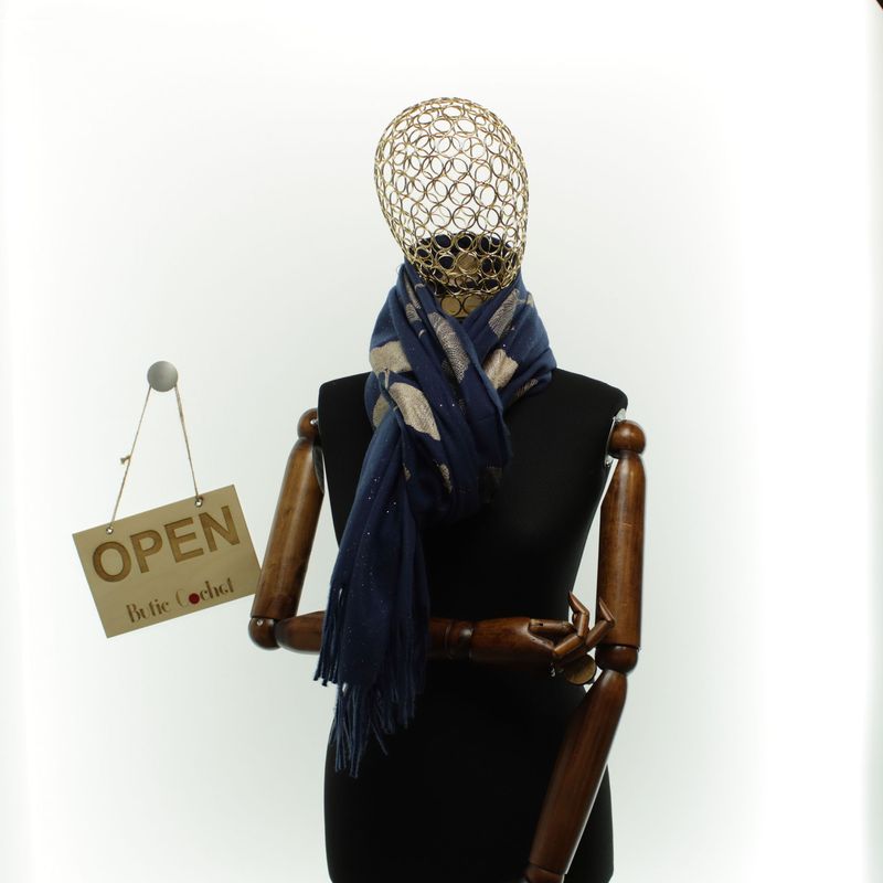 Fashion, accesorii si bijuterii - Femei - Accesorii femei - Esarfe si fulare femei - Esarfa dama, din lana, Buticcochet, 70x180 cm, model cu broderie si sclipici, Bleumarin - ES3502 - Infinity.ro