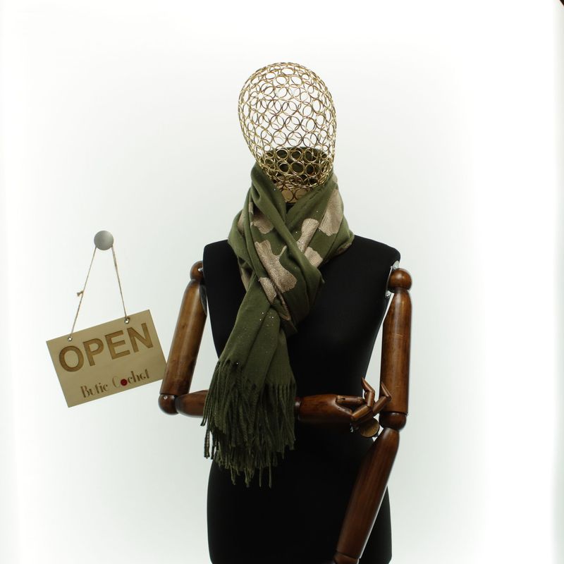 Fashion, accesorii si bijuterii - Femei - Accesorii femei - Esarfe si fulare femei - Esarfa dama, din lana, Buticcochet, 70x180 cm, model cu broderie si sclipici, Kaki - ES3501 - Infinity.ro