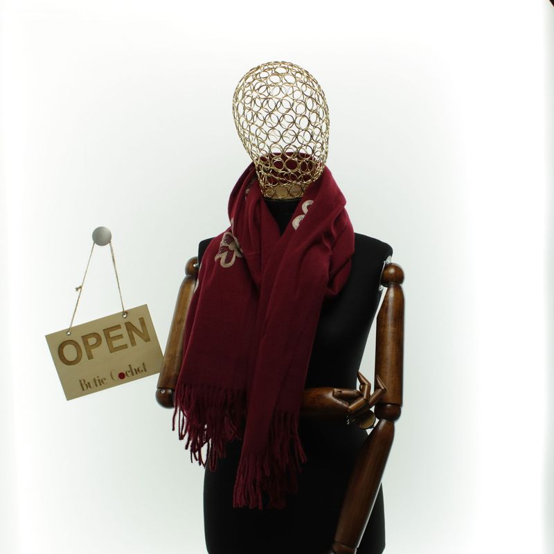 Fashion, accesorii si bijuterii - Femei - Accesorii femei - Esarfe si fulare femei - Esarfa dama, din lana, Buticcochet, 70x180 cm, model cu broderie si strasuri, Visiniu  - ES3508 - Infinity.ro