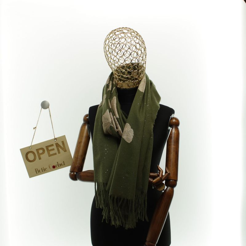 Fashion, accesorii si bijuterii - Femei - Accesorii femei - Esarfe si fulare femei - Esarfa dama, din lana, Buticcochet, 70x180 cm, model cu broderie si sclipici, Kaki - ES3501 - Infinity.ro