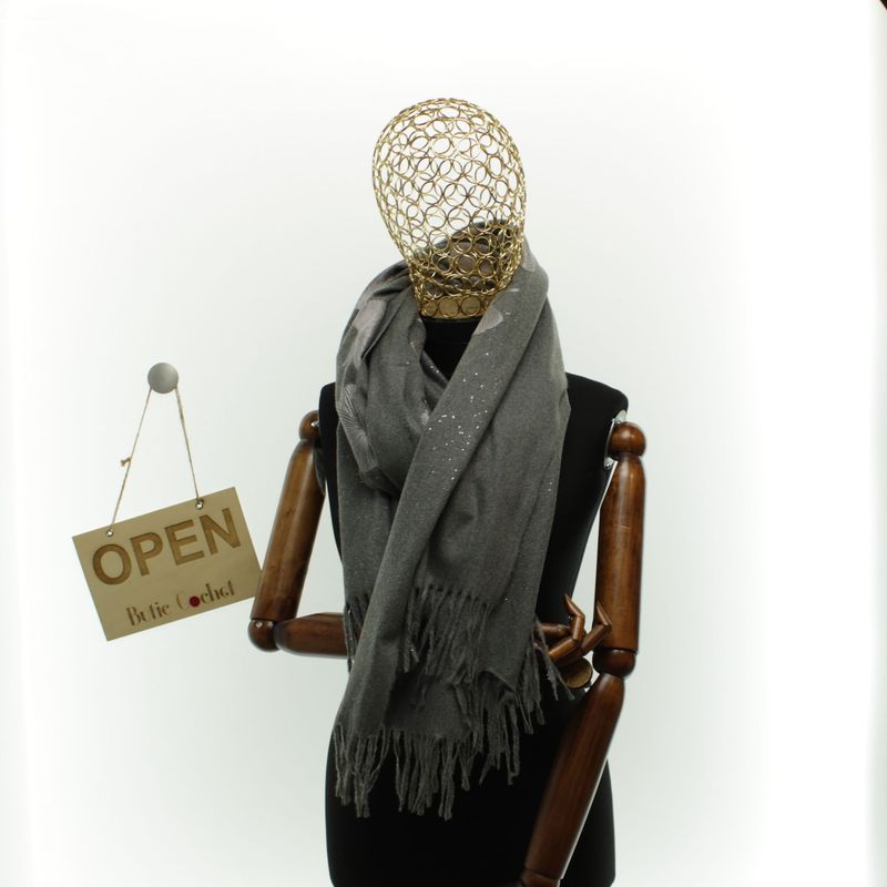 Fashion, accesorii si bijuterii - Femei - Accesorii femei - Esarfe si fulare femei - Esarfa dama, din lana, Buticcochet, 70x180 cm, model cu broderie si sclipici, Gri - ES3503 - Infinity.ro
