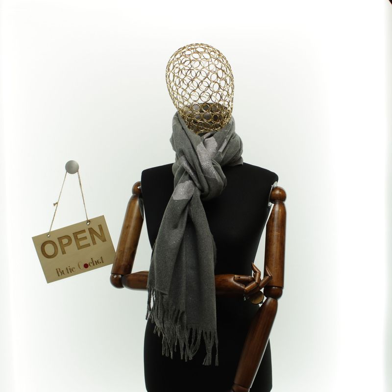 Fashion, accesorii si bijuterii - Femei - Accesorii femei - Esarfe si fulare femei - Esarfa dama, din lana, Buticcochet, 70x180 cm, model cu broderie si sclipici, Gri - ES3503 - Infinity.ro