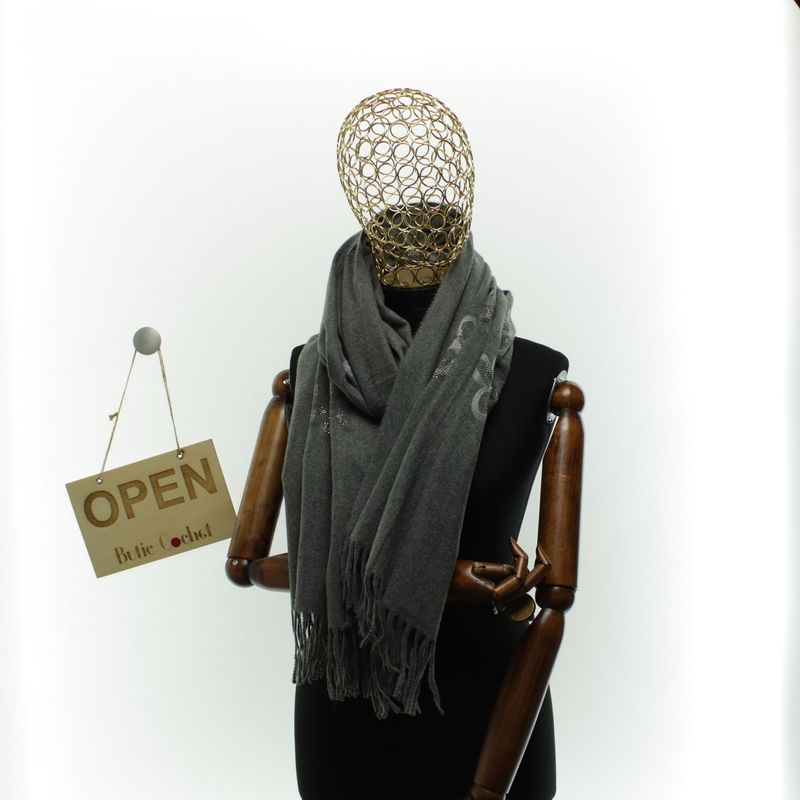 Fashion, accesorii si bijuterii - Femei - Accesorii femei - Esarfe si fulare femei - Esarfa dama, din lana, Buticcochet, 70x180 cm, model cu broderie si strasuri, Gri - ES3507 - Infinity.ro