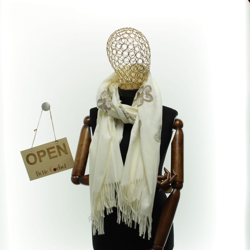 Fashion, accesorii si bijuterii - Femei - Accesorii femei - Esarfe si fulare femei - Esarfa dama, din lana, Buticcochet, 70x180 cm, model cu broderie si strasuri, Alb - ES3512 - Infinity.ro