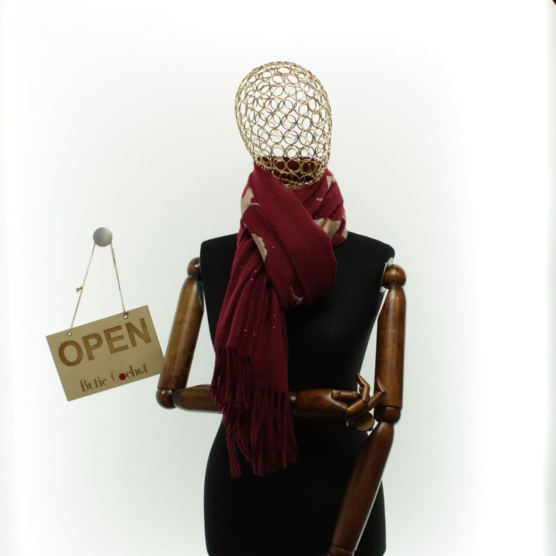 Fashion, accesorii si bijuterii - Femei - Accesorii femei - Esarfe si fulare femei - Esarfa dama, din lana, Buticcochet, 70x180 cm, model cu broderie si sclipici, Visiniu - ES3504 - Infinity.ro