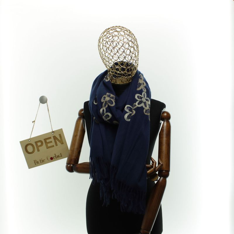 Fashion, accesorii si bijuterii - Femei - Accesorii femei - Esarfe si fulare femei - Esarfa dama, din lana, Buticcochet, 70x180 cm, model cu broderie si strasuri, Bleumarin - ES3509 - Infinity.ro