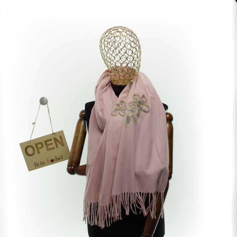 Fashion, accesorii si bijuterii - Femei - Accesorii femei - Esarfe si fulare femei - Esarfa dama, din lana, Buticcochet, 70x180 cm, model cu broderie si strasuri, Roz - ES3511 - Infinity.ro