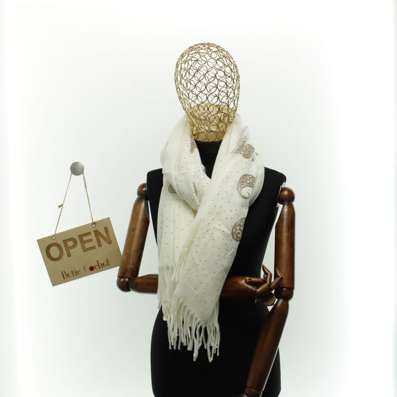 Fashion, accesorii si bijuterii - Femei - Accesorii femei - Esarfe si fulare femei - Esarfa dama, din lana, Buticcochet, 70x180 cm, model cu broderie si strasuri, Alb - ES3517 - Infinity.ro
