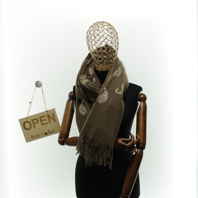 Fashion, accesorii si bijuterii - Femei - Accesorii femei - Esarfe si fulare femei - Esarfa dama, din lana, Buticcochet, 70x180 cm, model cu broderie si strasuri, Maro - ES3520 - Infinity.ro