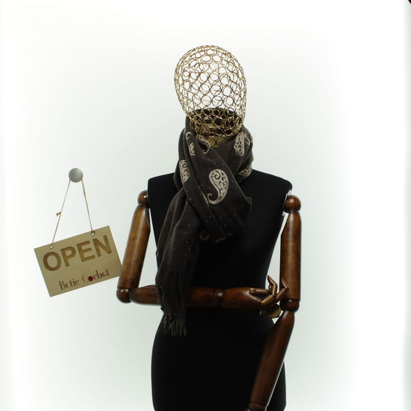 Fashion, accesorii si bijuterii - Femei - Accesorii femei - Esarfe si fulare femei - Esarfa dama, din lana, Buticcochet, 70x180 cm, model cu broderie si strasuri, Maro inchis - ES3524 - Infinity.ro
