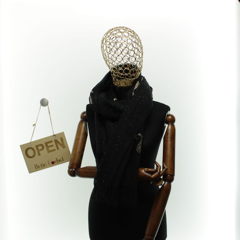 Fashion, accesorii si bijuterii - Femei - Accesorii femei - Esarfe si fulare femei - Esarfa dama, din lana, Buticcochet, 70x180 cm, model cu broderie si strasuri, Negru - ES3522 - Infinity.ro
